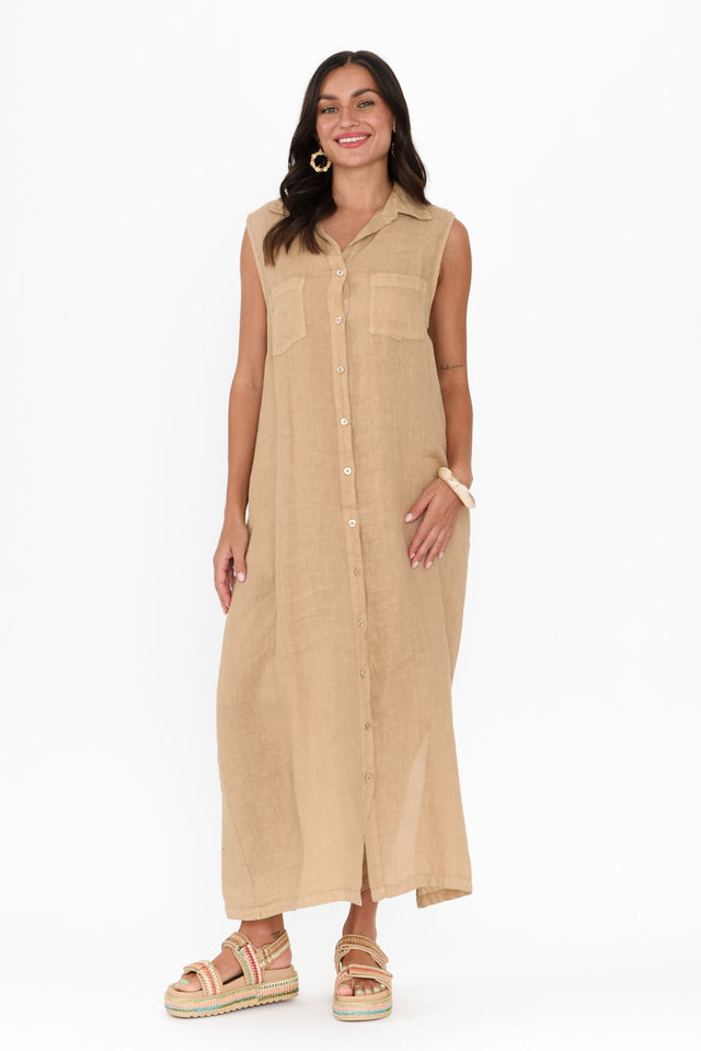 Perla Mocha Linen Button Dress,Brunette model,alt text|model:Brontie image 2