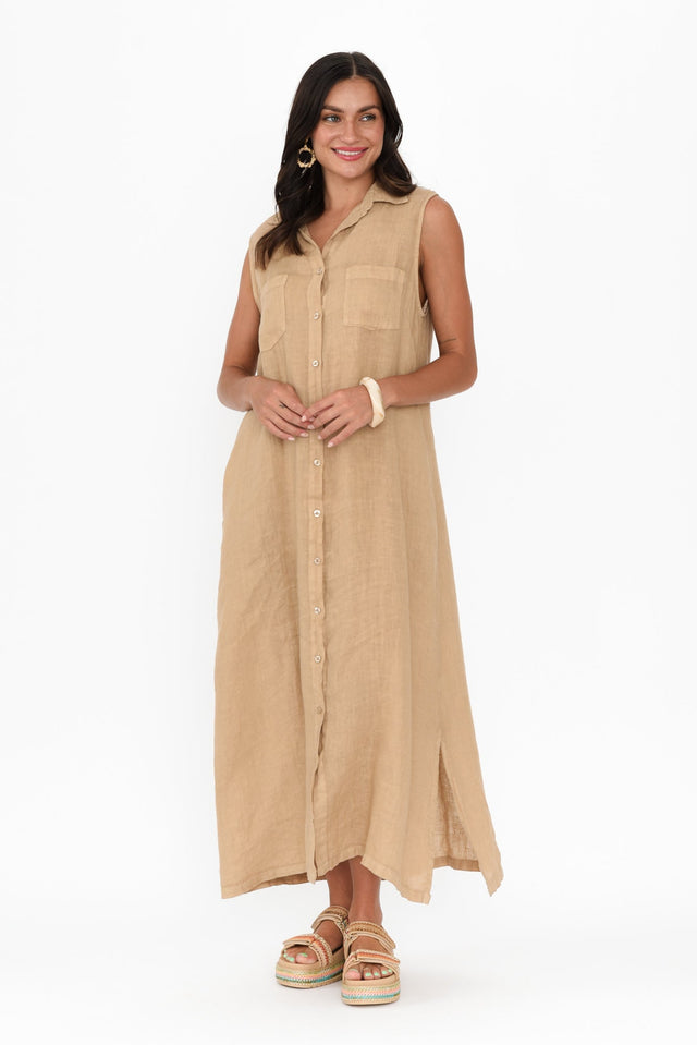 Perla Mocha Linen Button Dress,Brunette model,alt text|model:Brontie image 6