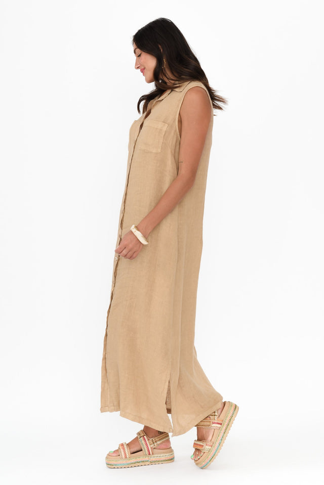 Perla Mocha Linen Button Dress,Brunette model,alt text|model:Brontie image 3