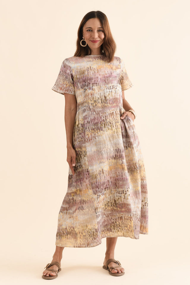 Perlina Yellow Abstract Linen Dress,Full Body,Brunette model,alt text|model:Cara image 6