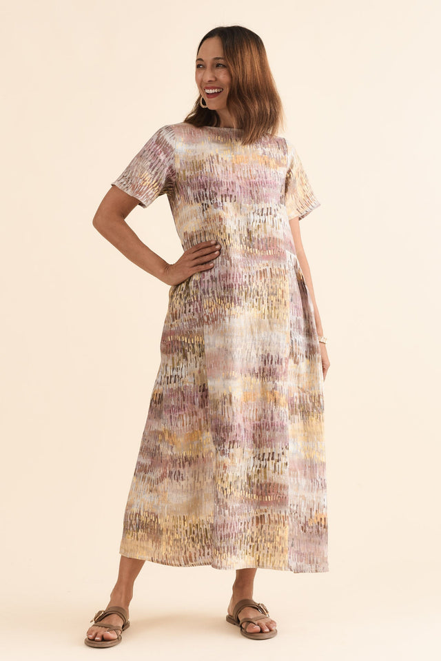 Perlina Yellow Abstract Linen Dress,Full Body,Brunette model,alt text|model:Cara image 2