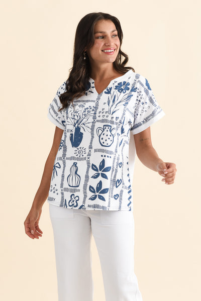 Perrie Blue Tile V Neck Top