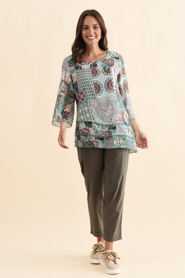 Phil Teal Leaf Layered Top,Brunette model,alt text|model:MJ image 7