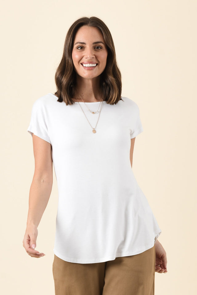 Pia White Bamboo Boatneck Tee,Brunette model,alt text|model:MJ