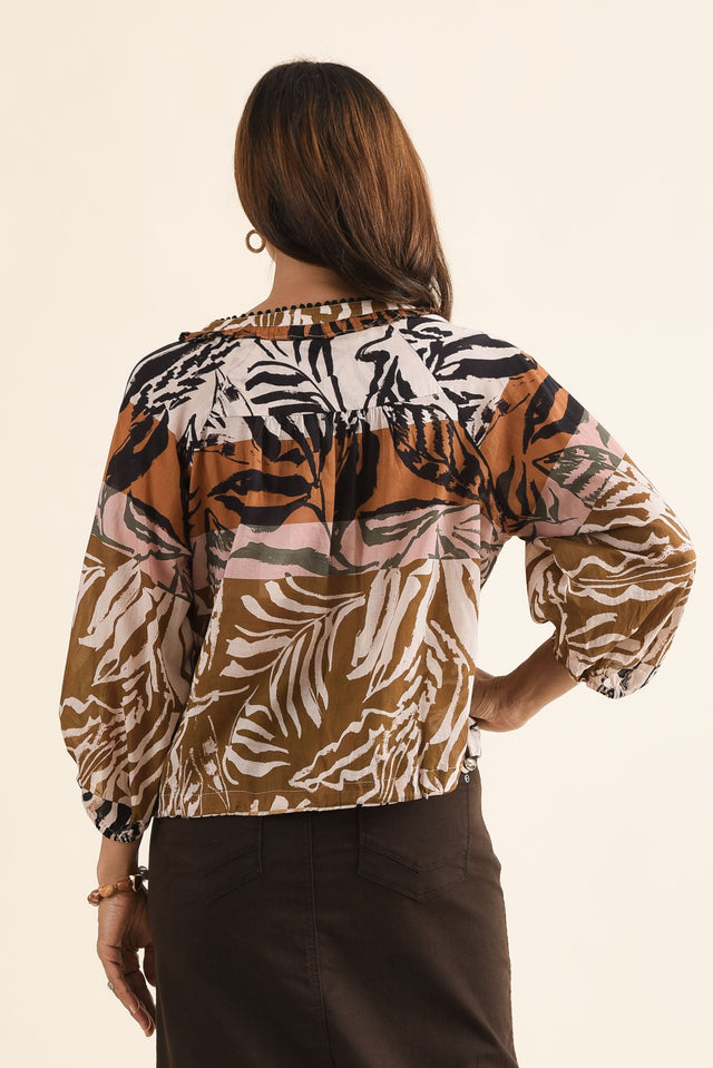 Piccolo Brown Palm Cotton Blouse,Back,Brunette model,alt text|model:Cara image 4