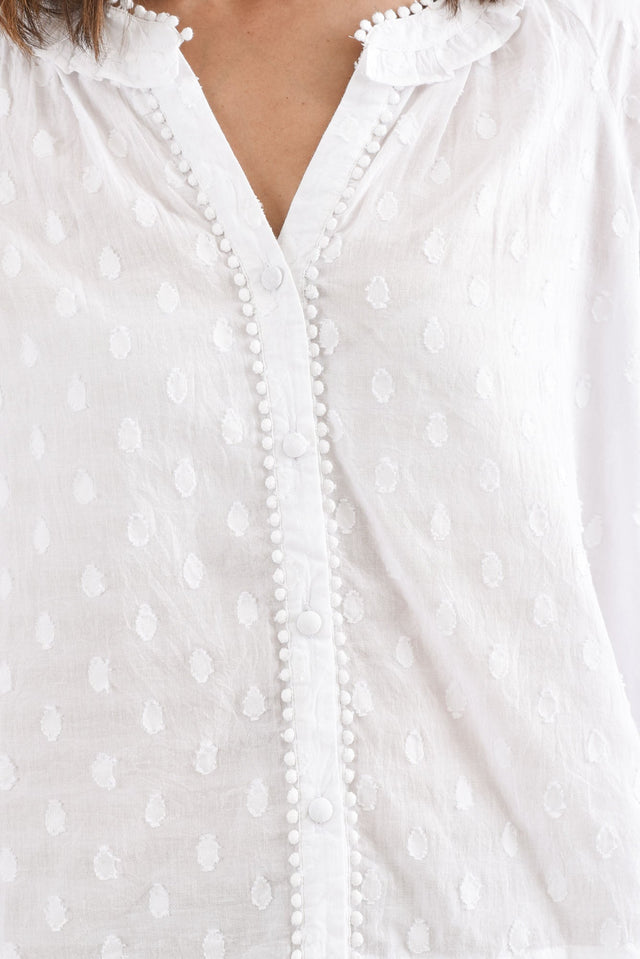 Piccolo White Cotton Blouse,Detail,Brunette model,alt text|model:Cara image 5