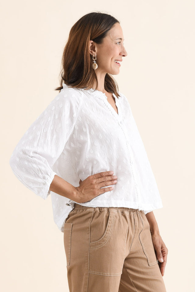 Piccolo White Cotton Blouse,Side,Brunette model,alt text|model:Cara image 3