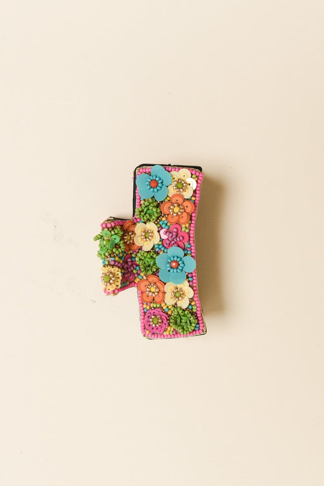 Pink Flower Beaded Claw Clip
