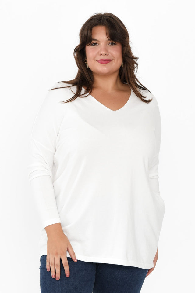 Piper White V Neck Knit Jumper,Brunette model,alt text|model:Gabby image 13
