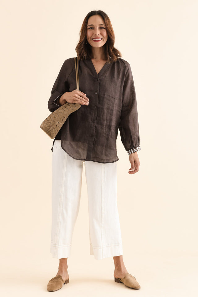 Pixie Chocolate Cotton Embroidered Blouse,Full Body,Brunette model,alt text|model:Cara