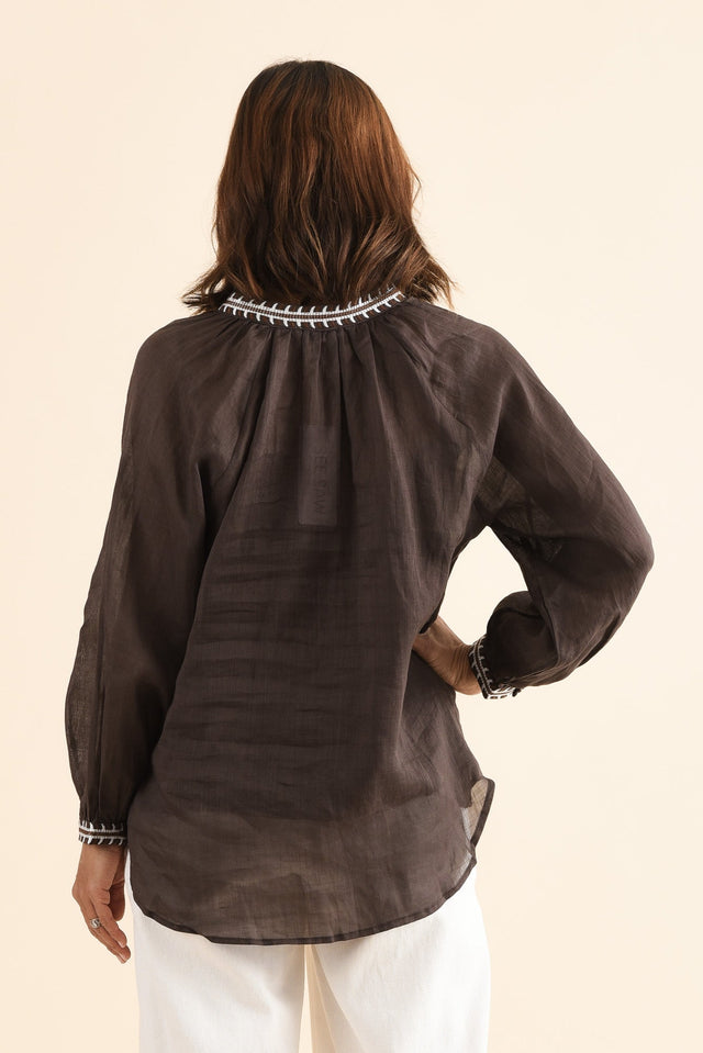 Pixie Chocolate Cotton Embroidered Blouse,Back,Brunette model,alt text|model:Cara image 4