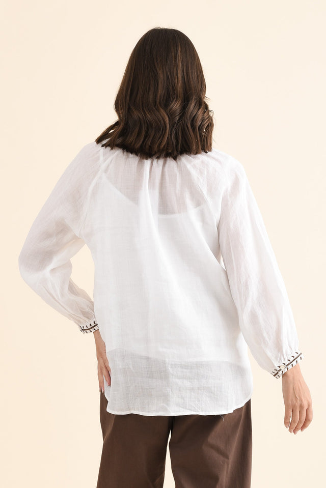 Pixie White Cotton Embroidered Blouse,Back,Brunette model,alt text|model:MJ image 4