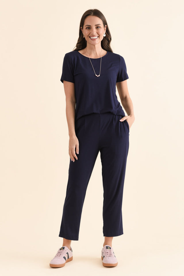 Polaris Navy Bamboo Cropped Pants,Full Body,Brunette model,alt text|model:MJ image 6