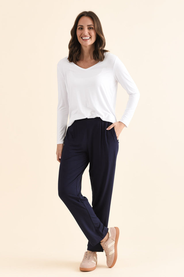 Polaris Navy Bamboo Pants,Full Body,Brunette model,alt text|model:MJ image 2