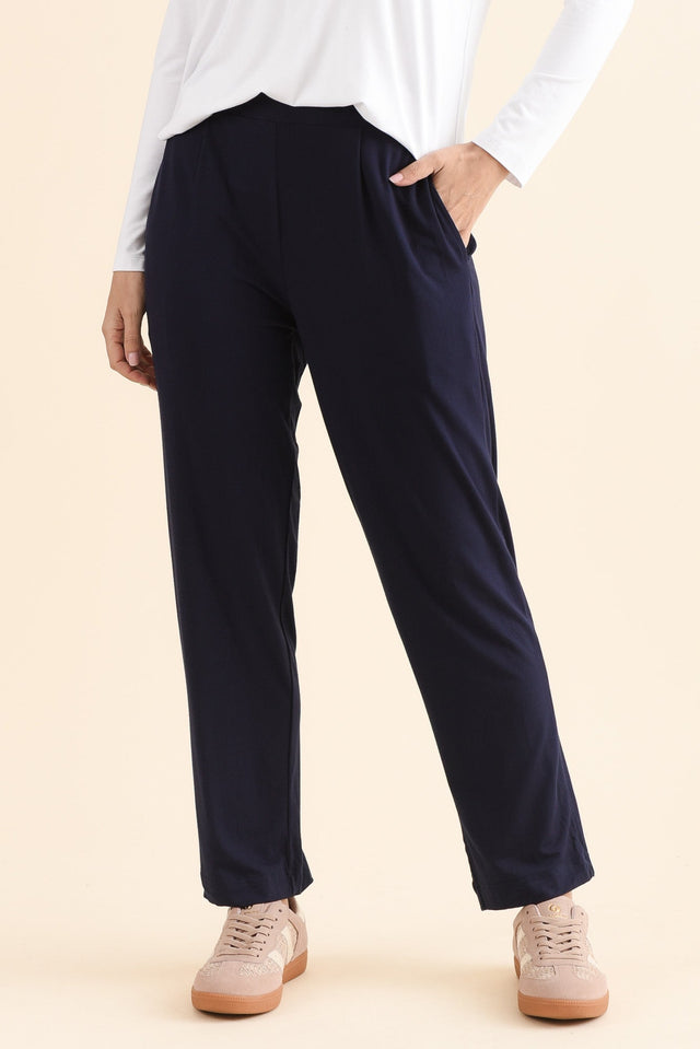 Polaris Navy Bamboo Pants,Front,Brunette model,alt text|model:MJ image 1