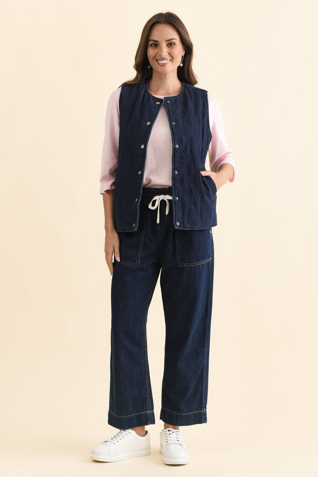 Polly Dark Blue Denim Quilted Vest,Brunette model,alt text|model:MJ image 4