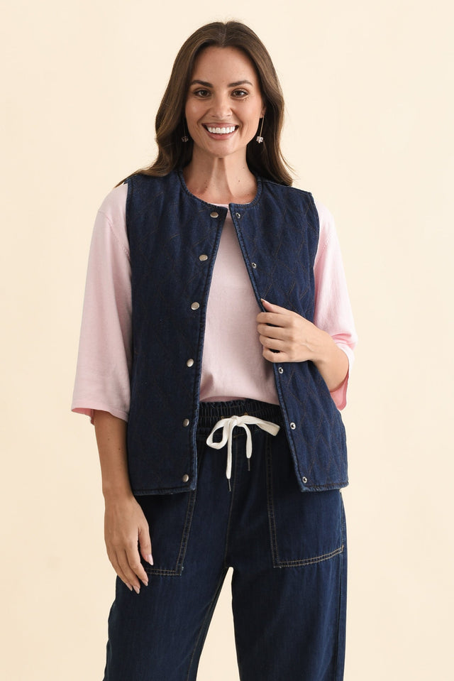 Polly Dark Blue Denim Quilted Vest,Brunette model,alt text|model:MJ image 3