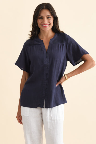 Ponny Navy Linen Blend Button Top