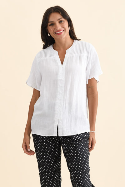 Ponny White Linen Blend Button Top