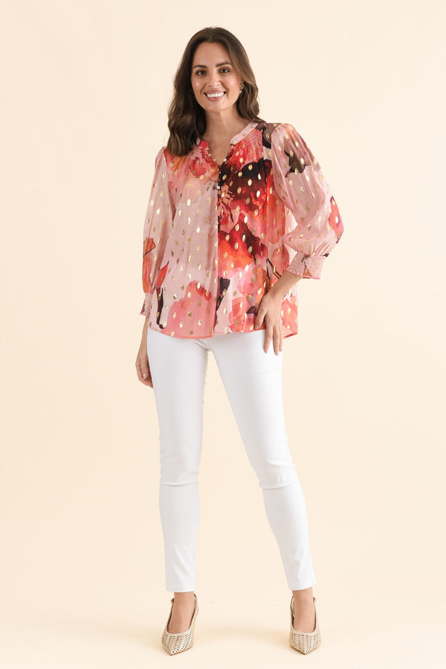 Ponting Pink Floral Foil Button Blouse,Full Body,Brunette model,alt text|model:MJ image 2