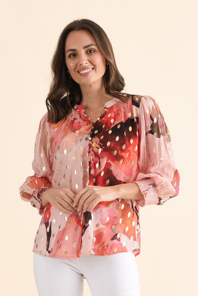 Ponting Pink Floral Foil Button Blouse