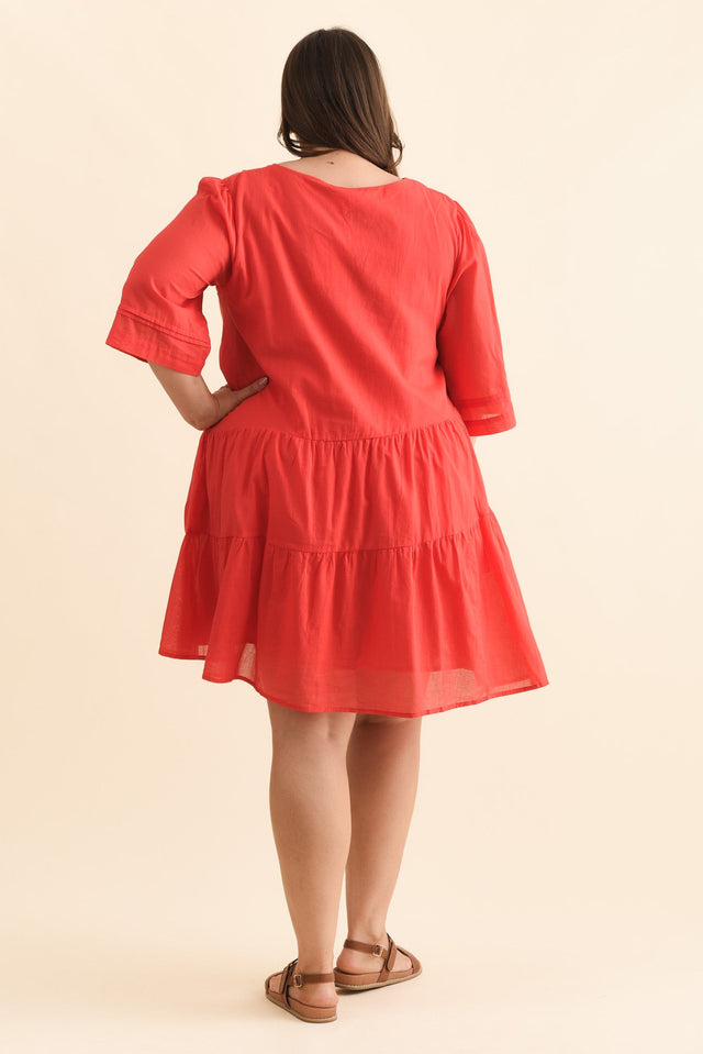Portia Red Cotton Asymmetrical Dress,Brunette model,alt text|model:Gabby image 12
