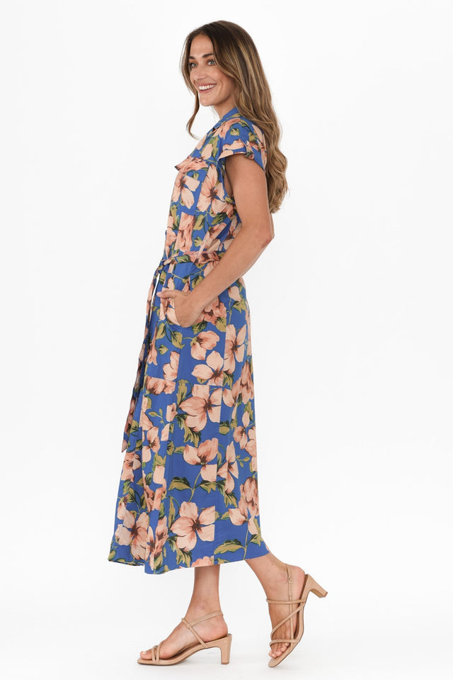 Porto Blue Floral Cotton Tie Dress,Brunette model,alt text|model:Johanna image 4