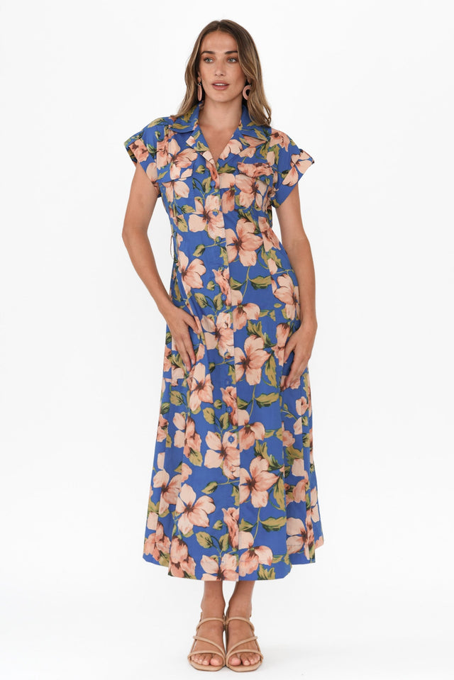 Porto Blue Floral Cotton Tie Dress,Brunette model,alt text|model:Johanna image 1