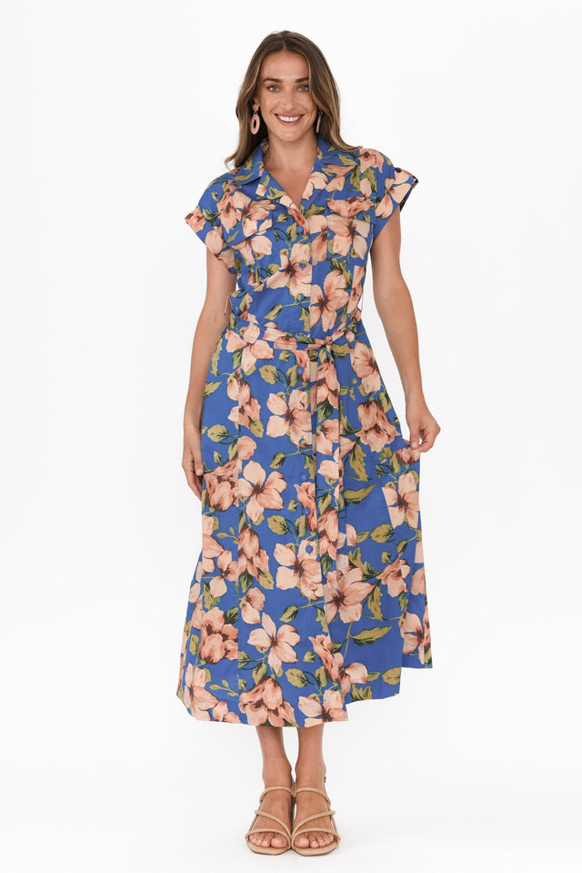 Porto Blue Floral Cotton Tie Dress,Brunette model,alt text|model:Johanna image 7