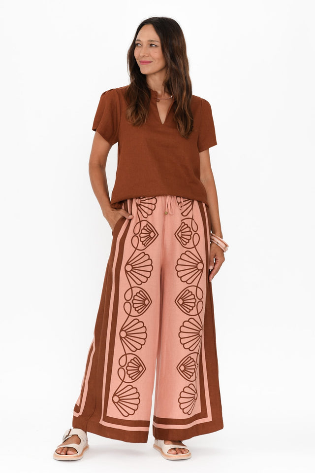 Aphrodite Chocolate Seashell Linen Pants,Brunette model,alt text|model:Cara