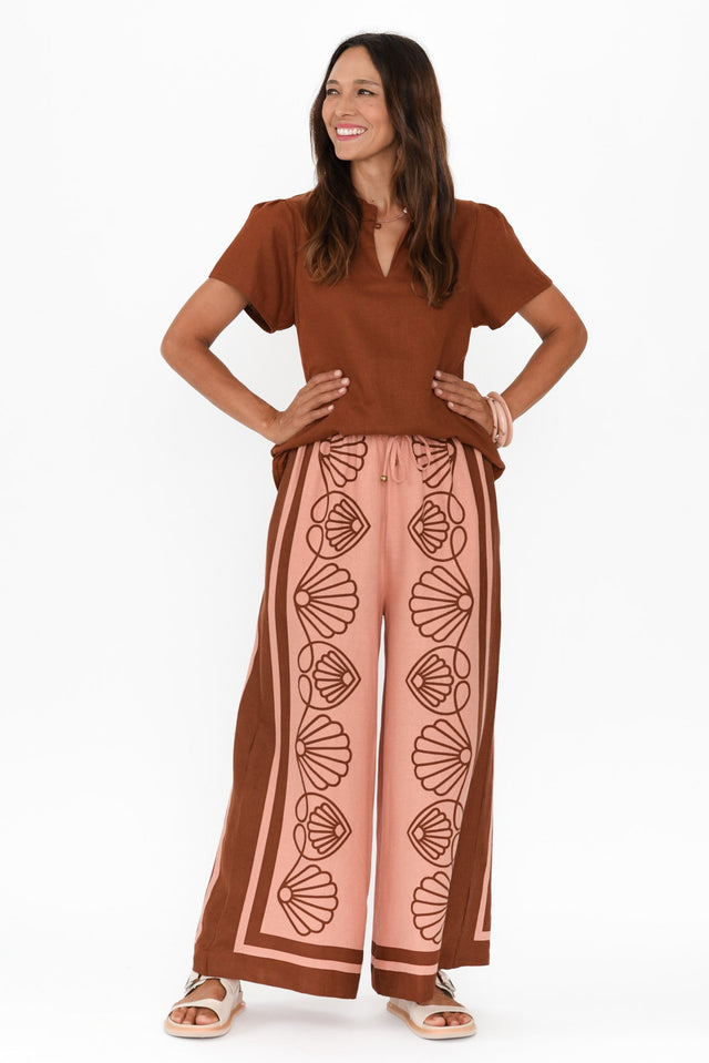Aphrodite Chocolate Seashell Linen Pants,Brunette model,alt text|model:Cara image 6