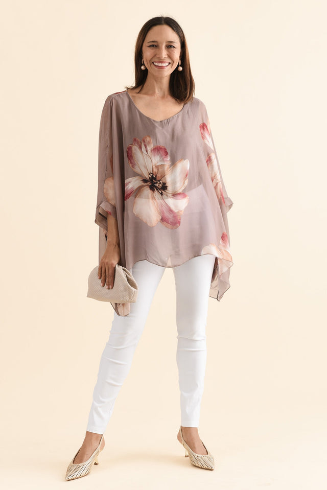 Posie Taupe Flower Silk Overlay Top,Full Body,Brunette model,alt text|model:Cara image 8