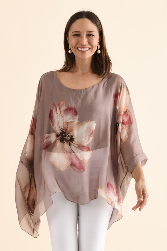 Posie Taupe Flower Silk Overlay Top,Front,Brunette model,alt text|model:Cara