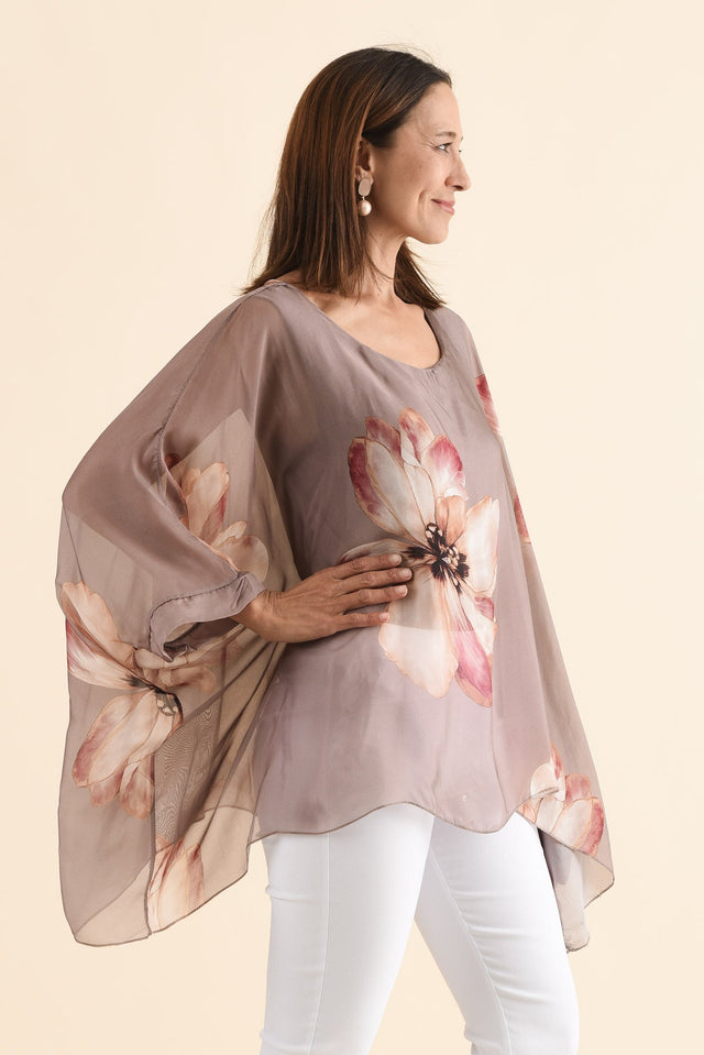 Posie Taupe Flower Silk Overlay Top,Side,Brunette model,alt text|model:Cara image 5
