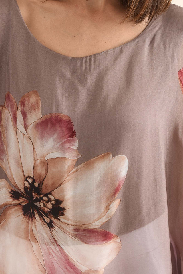 Posie Taupe Flower Silk Overlay Top,Detail,Brunette model,alt text|model:Cara image 7