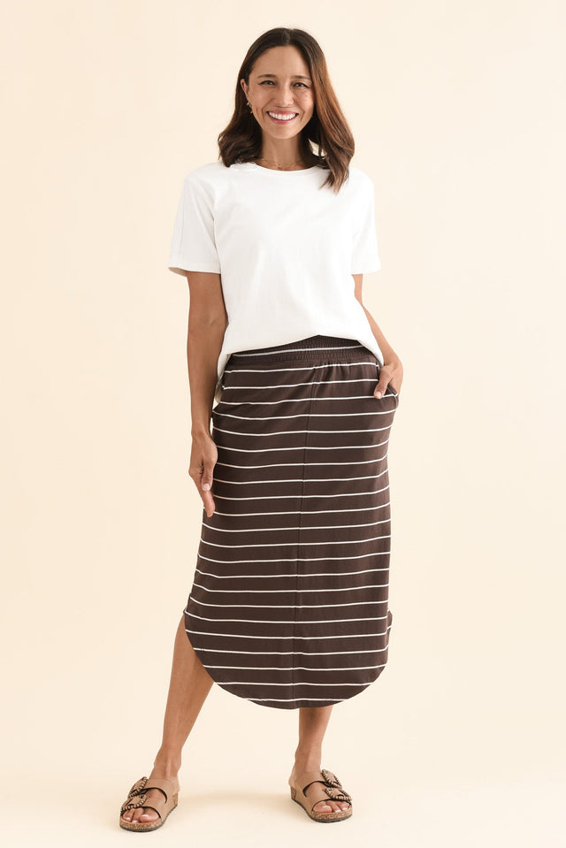 Presley Dark Brown Stripe Cotton Shirred Skirt,Full Body,Brunette model,alt text|model:Cara
