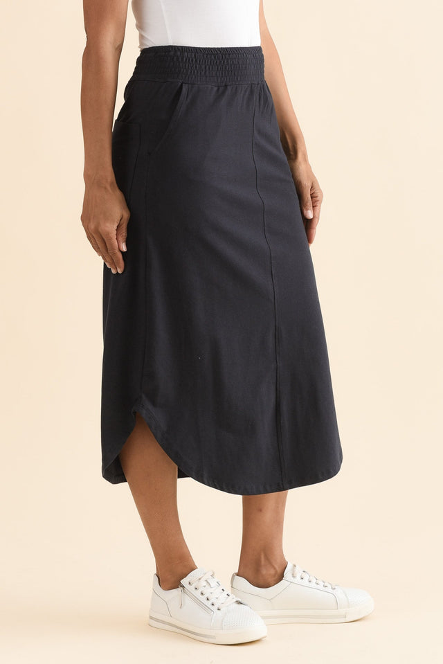 Presley Navy Cotton Shirred Skirt,Side,Brunette model,alt text|model:Cara image 3