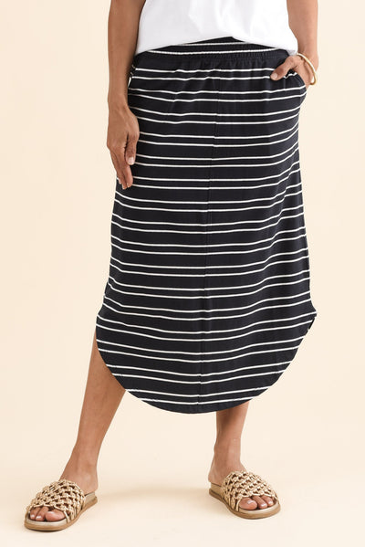 Presley Navy Stripe Cotton Shirred Skirt