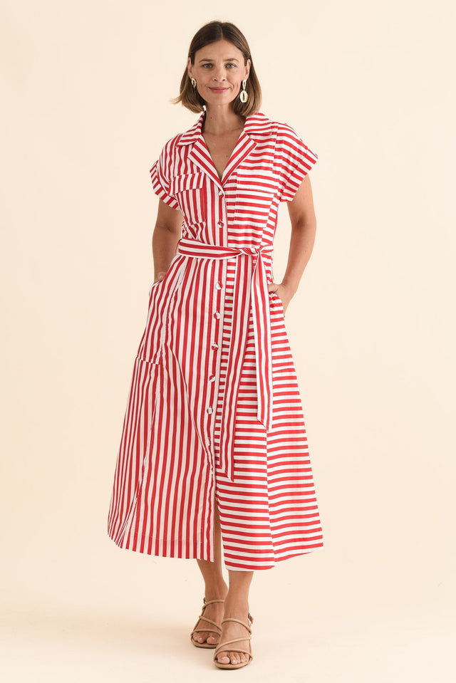 Preston Red Stripe Cotton Tie Dress,Full Body,Brunette model,alt text|model:Laura image 2