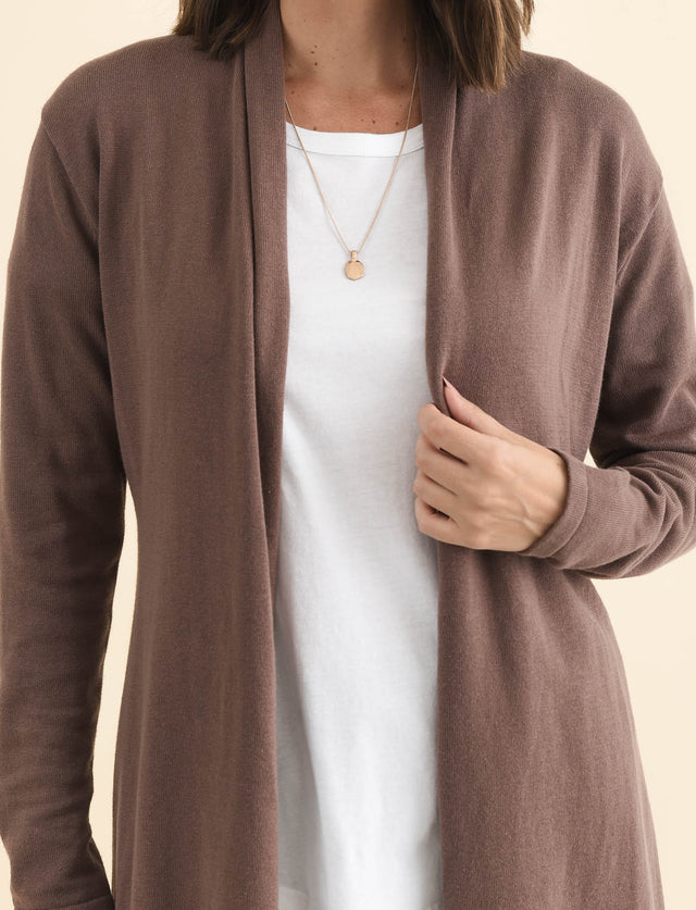 Primrose Chocolate Cotton Drape Cardigan,Brunette model,alt text|model:MJ image 7