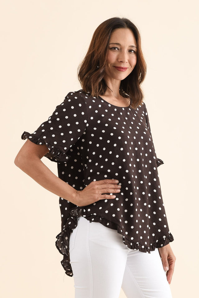 Quincy Brown Spot Ruffle Top,Side,Brunette model,alt text|model:Cara image 3