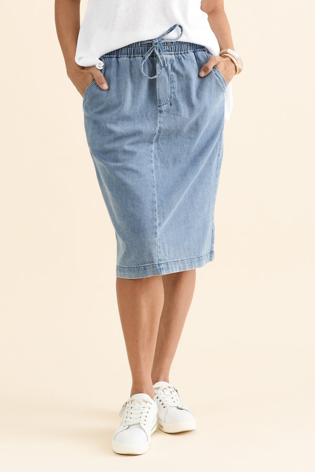 Quinn Blue Denim Drawstring Skirt,brunette model,Front of Outfit,alt text|model:Cara image 1