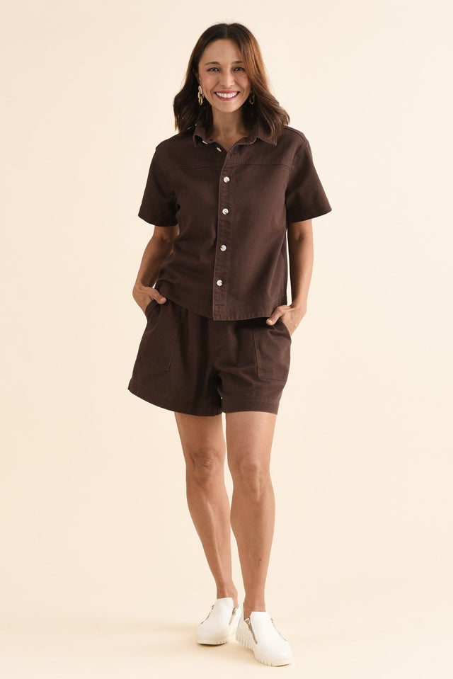 Quinn Chocolate Denim Collared Shirt,Full Body,Brunette model,alt text|model:Cara image 6