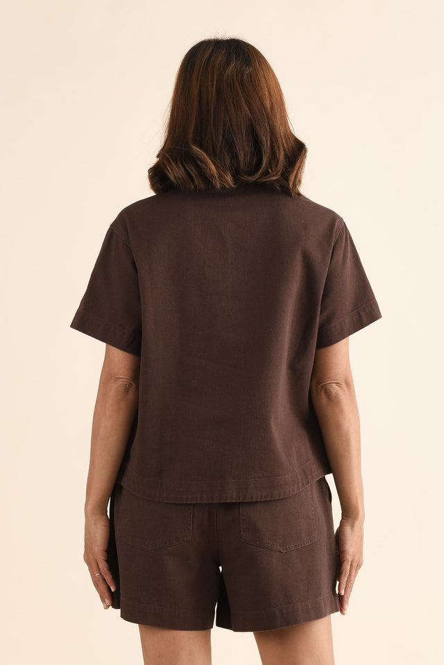 Quinn Chocolate Denim Collared Shirt,Back,Brunette model,alt text|model:Cara image 4