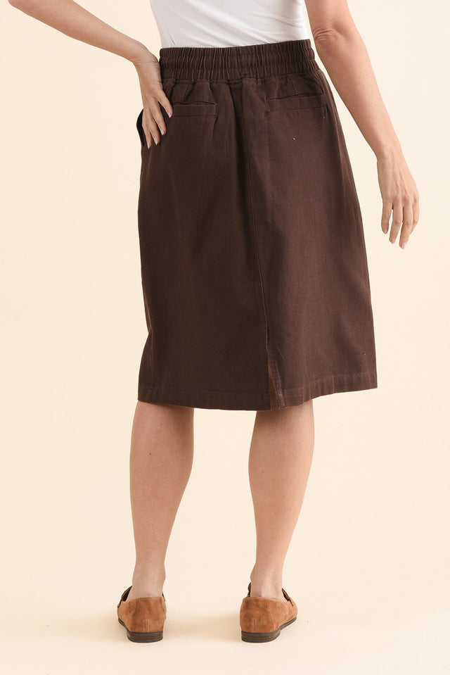 Quinn Chocolate Denim Drawstring Skirt,Back,Brunette model,alt text|model:MJ image 4