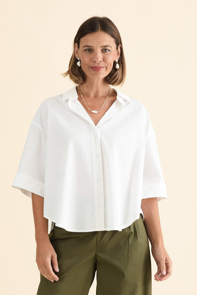 Rachel White Cotton Blend Shirt,Front,Brunette model,alt text|model:Laura