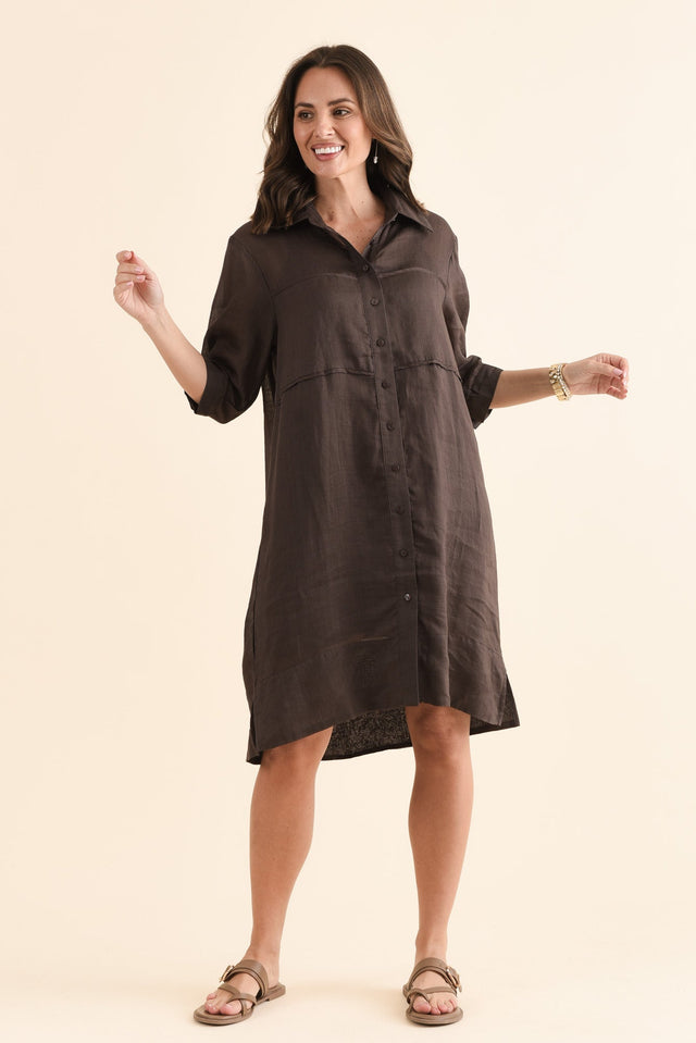 Radley Chocolate Cotton Pleated Shirt Dress,Front,Brunette model,alt text|model:MJ image 1