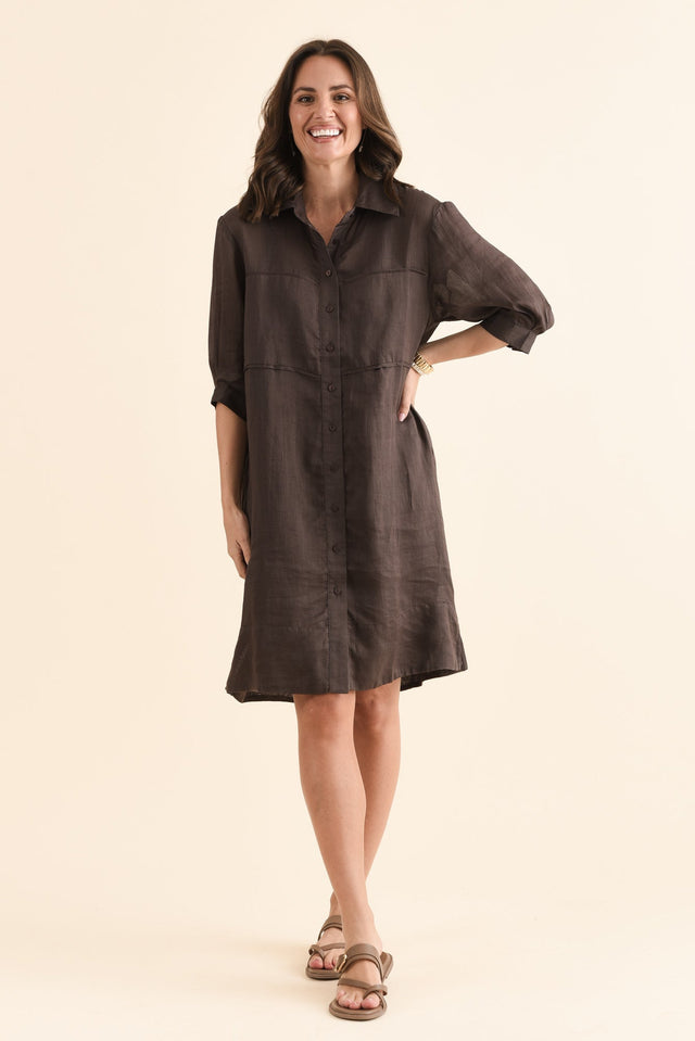 Radley Chocolate Cotton Pleated Shirt Dress,Full Body,Brunette model,alt text|model:MJ