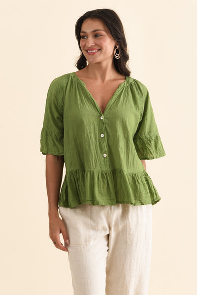 Ramona Green Cotton Ruffle Top