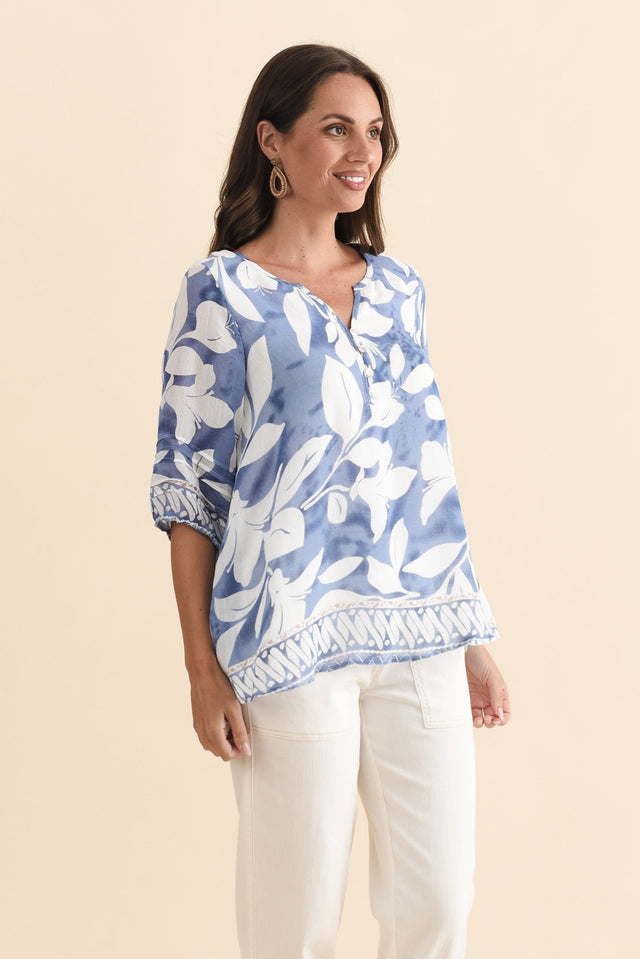 Ramy Blue Leaf Cotton Blend Top,Brunette model,alt text|model:MJ image 4